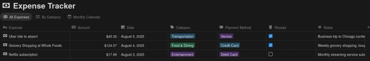 Example Notion Database with Various Column Types
