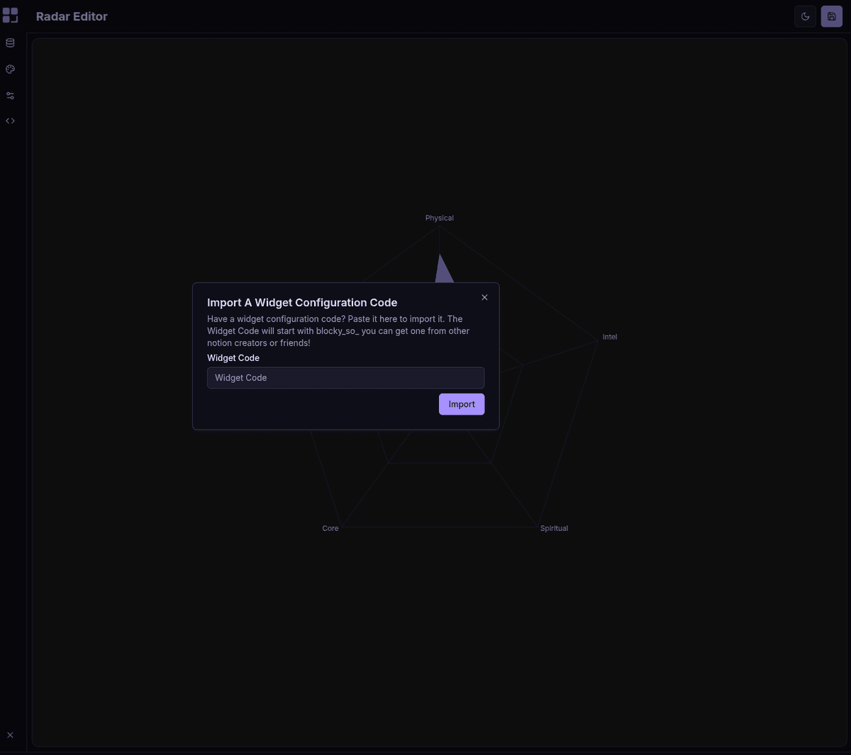 Import widget code dialog
