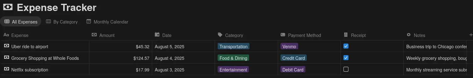 Example Notion Database with Various Column Types